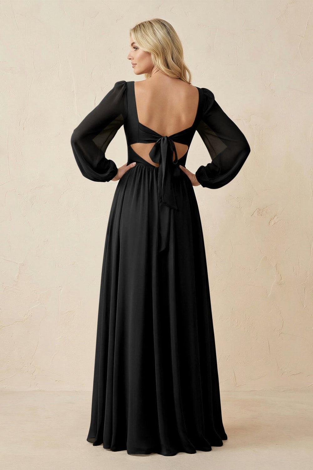 Long Sleeve V - Neck A - Line Chiffon Bridesmaid Dress in Black - KissProm Bridesmaid Dresses