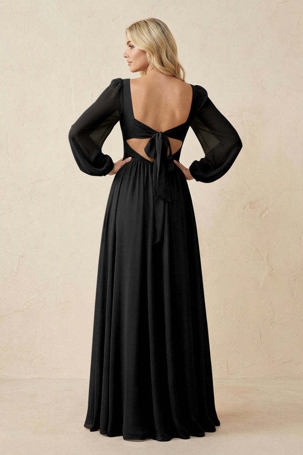 Long Sleeve V - Neck A - Line Chiffon Bridesmaid Dress in Black - KissProm Bridesmaid Dresses