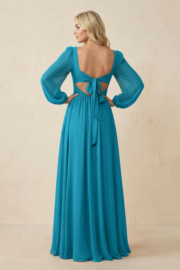 Long Sleeve V - Neck A - Line Chiffon Bridesmaid Dress in Blue Jay - KissProm Bridesmaid Dresses