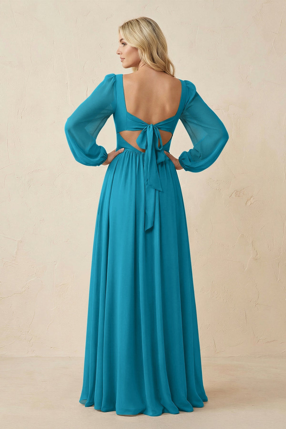 Long Sleeve V - Neck A - Line Chiffon Bridesmaid Dress in Blue Jay - KissProm Bridesmaid Dresses