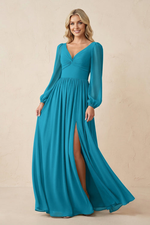 Long Sleeve V - Neck A - Line Chiffon Bridesmaid Dress in Blue Jay - KissProm Bridesmaid Dresses