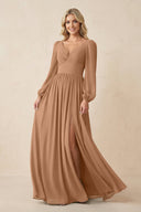 Long Sleeve V - Neck A - Line Chiffon Bridesmaid Dress in Bronzer - KissProm Bridesmaid Dresses