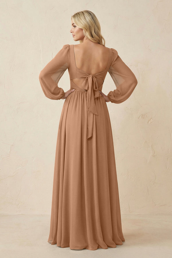 Long Sleeve V - Neck A - Line Chiffon Bridesmaid Dress in Bronzer - KissProm Bridesmaid Dresses