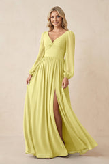 Long Sleeve V - Neck A - Line Chiffon Bridesmaid Dress in Buttercup - KissProm Bridesmaid Dresses