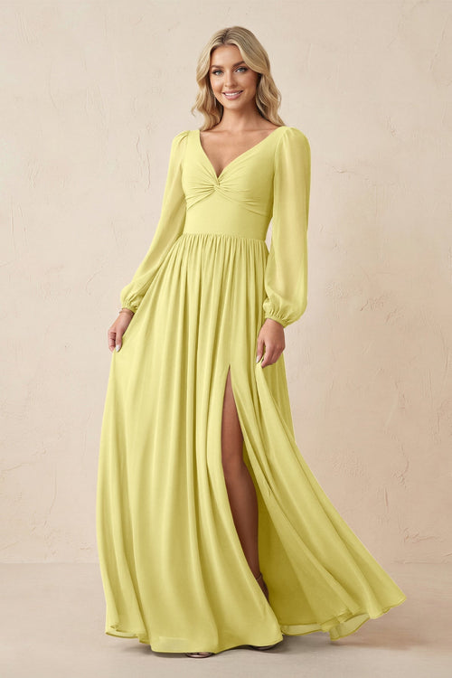 Long Sleeve V - Neck A - Line Chiffon Bridesmaid Dress in Buttercup - KissProm Bridesmaid Dresses
