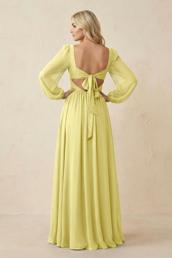 Long Sleeve V - Neck A - Line Chiffon Bridesmaid Dress in Buttercup - KissProm Bridesmaid Dresses