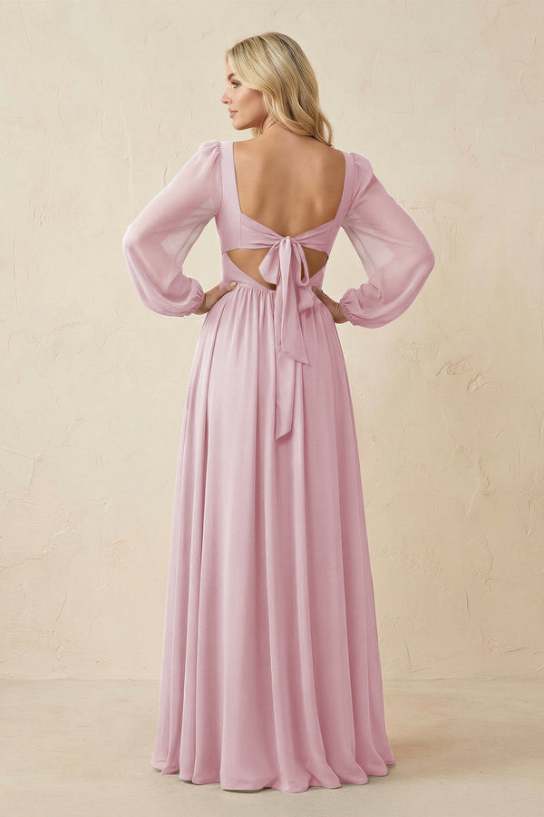 Long Sleeve V - Neck A - Line Chiffon Bridesmaid Dress in Candy Pink - KissProm Bridesmaid Dresses