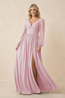 Long Sleeve V - Neck A - Line Chiffon Bridesmaid Dress in Candy Pink - KissProm Bridesmaid Dresses