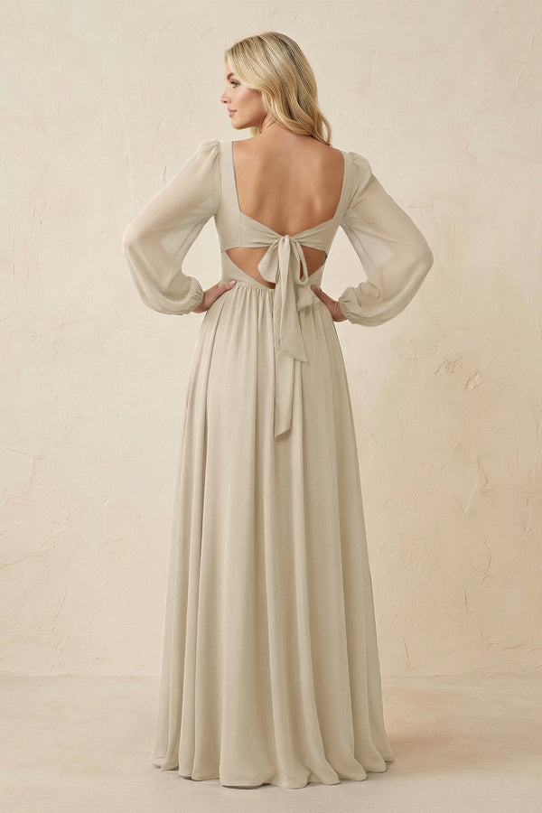 Long Sleeve V - Neck A - Line Chiffon Bridesmaid Dress in Champagne - KissProm Bridesmaid Dresses
