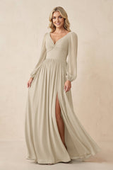 Long Sleeve V - Neck A - Line Chiffon Bridesmaid Dress in Champagne - KissProm Bridesmaid Dresses