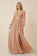 Long Sleeve V - Neck A - Line Chiffon Bridesmaid Dress in Champagne Rose - KissProm Bridesmaid Dresses