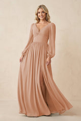 Long Sleeve V - Neck A - Line Chiffon Bridesmaid Dress in Champagne Rose - KissProm Bridesmaid Dresses