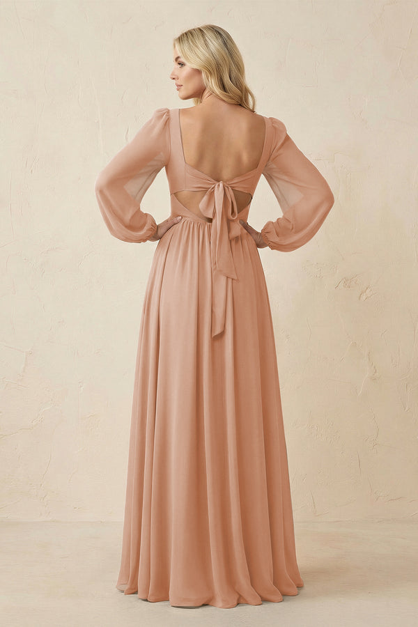 Long Sleeve V - Neck A - Line Chiffon Bridesmaid Dress in Champagne Rose - KissProm Bridesmaid Dresses