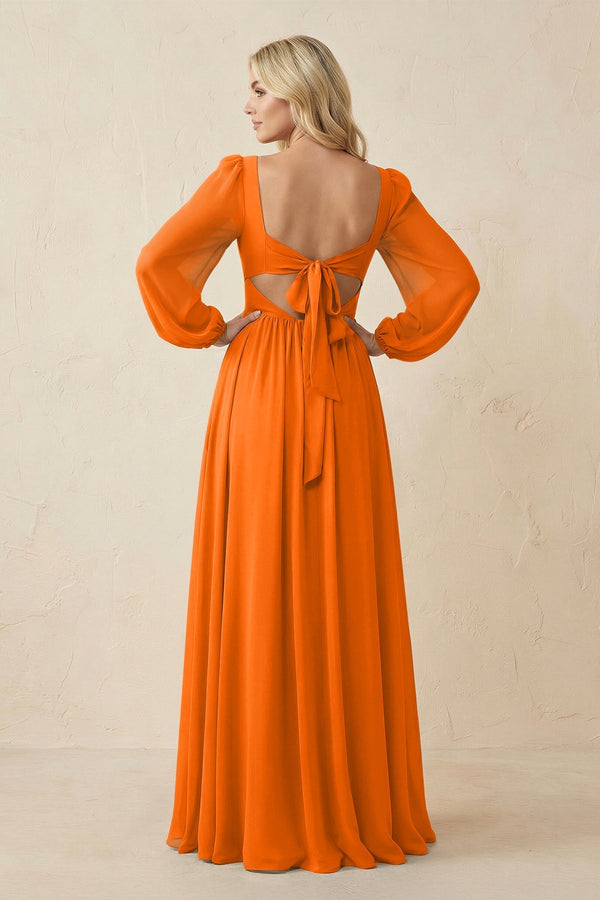 Long Sleeve V - Neck A - Line Chiffon Bridesmaid Dress in Cinnamon - KissProm Bridesmaid Dresses