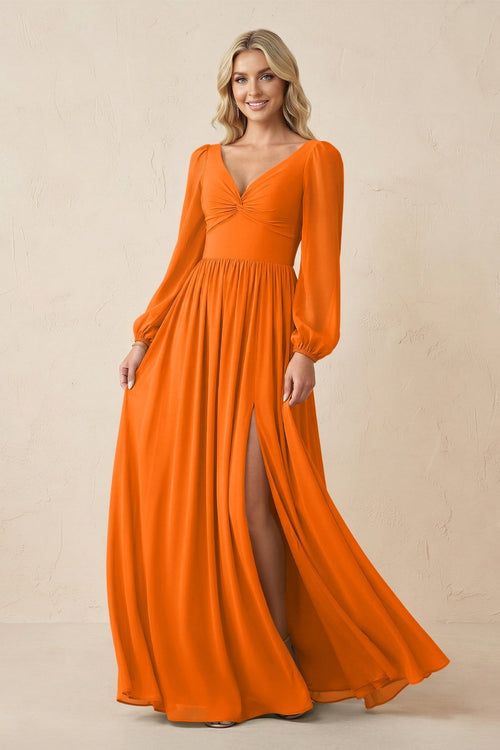 Long Sleeve V - Neck A - Line Chiffon Bridesmaid Dress in Cinnamon - KissProm Bridesmaid Dresses