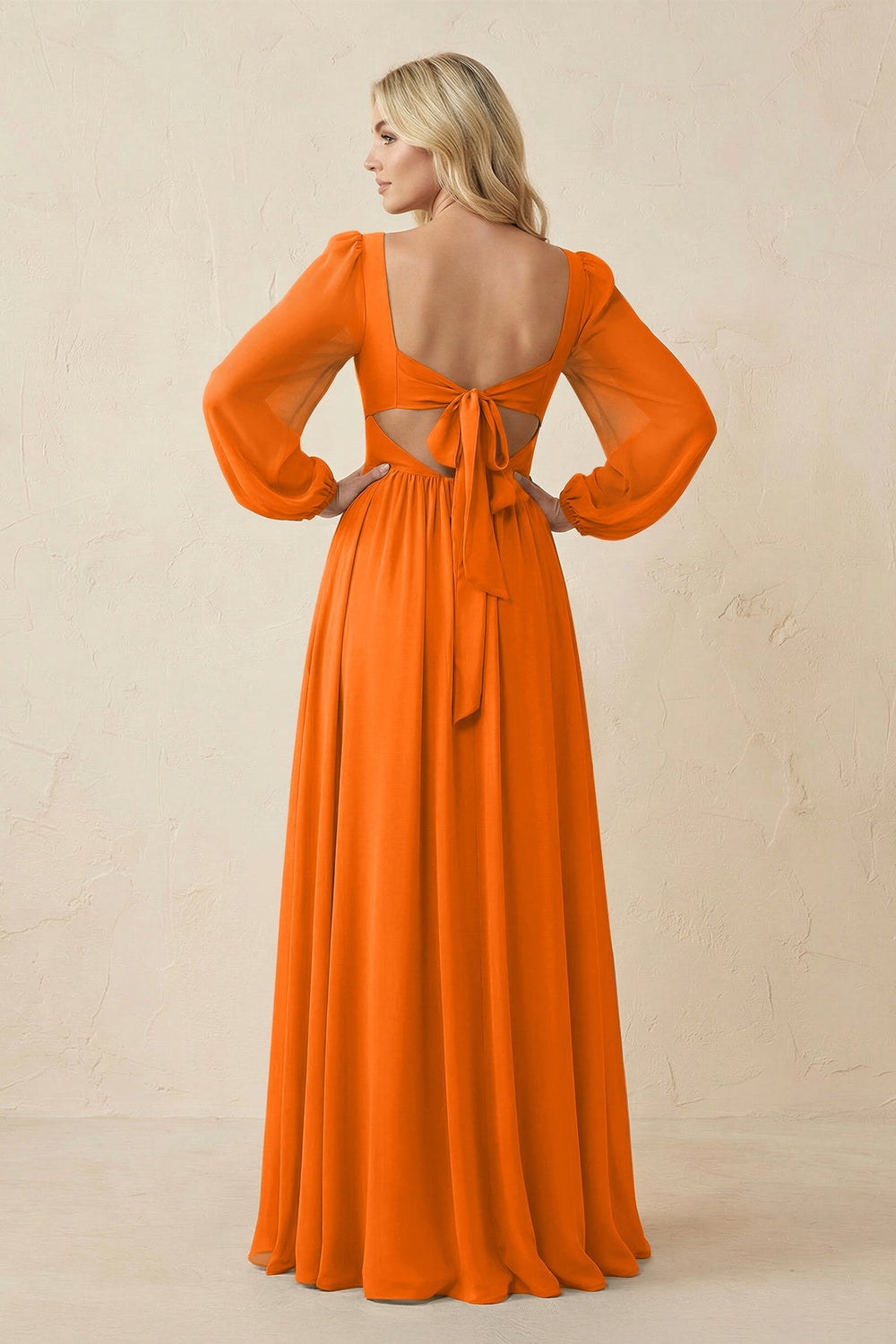Long Sleeve V - Neck A - Line Chiffon Bridesmaid Dress in Cinnamon - KissProm Bridesmaid Dresses