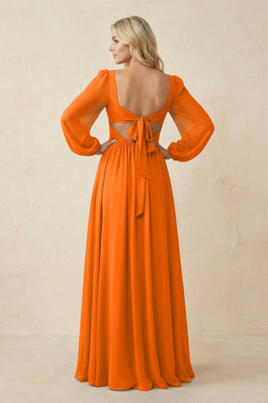 Long Sleeve V - Neck A - Line Chiffon Bridesmaid Dress in Cinnamon - KissProm Bridesmaid Dresses