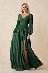 Long Sleeve V - Neck A - Line Chiffon Bridesmaid Dress in Dark Green - KissProm Bridesmaid Dresses