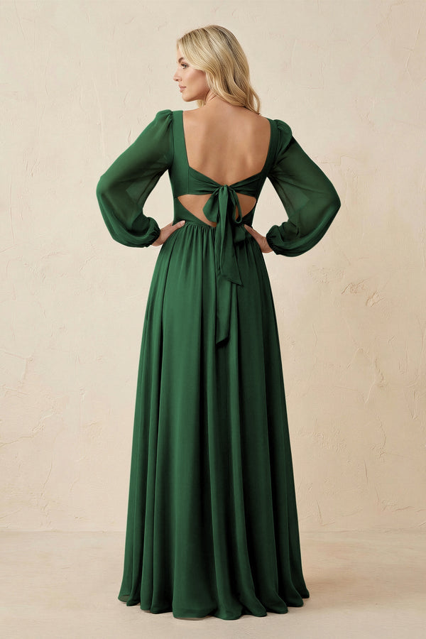 Long Sleeve V - Neck A - Line Chiffon Bridesmaid Dress in Dark Green - KissProm Bridesmaid Dresses