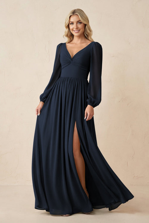 Long Sleeve V - Neck A - Line Chiffon Bridesmaid Dress in Dark Navy - KissProm Bridesmaid Dresses