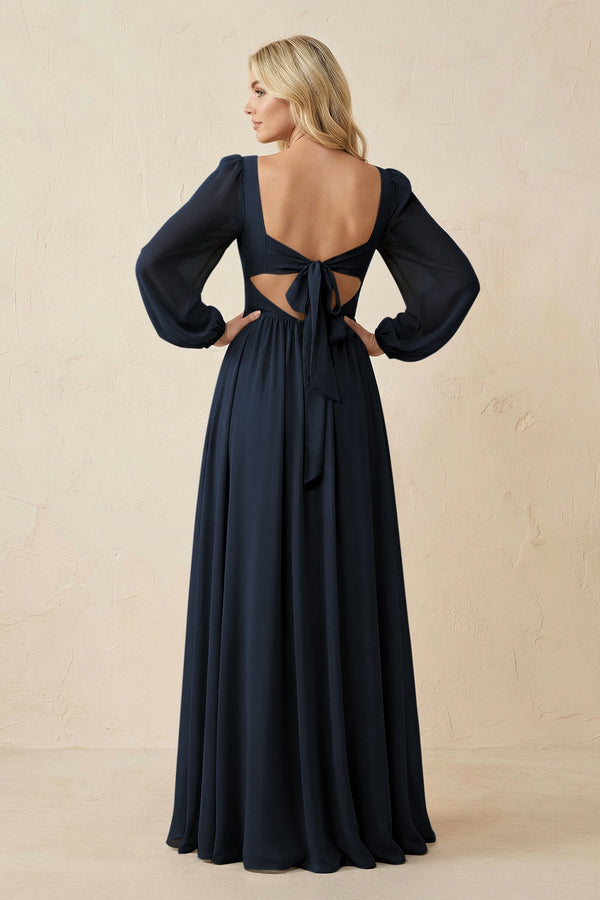 Long Sleeve V - Neck A - Line Chiffon Bridesmaid Dress in Dark Navy - KissProm Bridesmaid Dresses