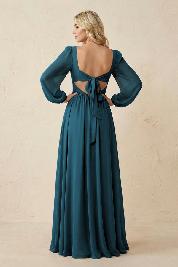 Long Sleeve V - Neck A - Line Chiffon Bridesmaid Dress in Dark Teal - KissProm Bridesmaid Dresses