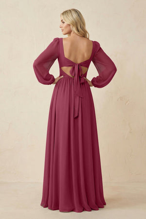 Long Sleeve V - Neck A - Line Chiffon Bridesmaid Dress in Desert Rose - KissProm Bridesmaid Dresses