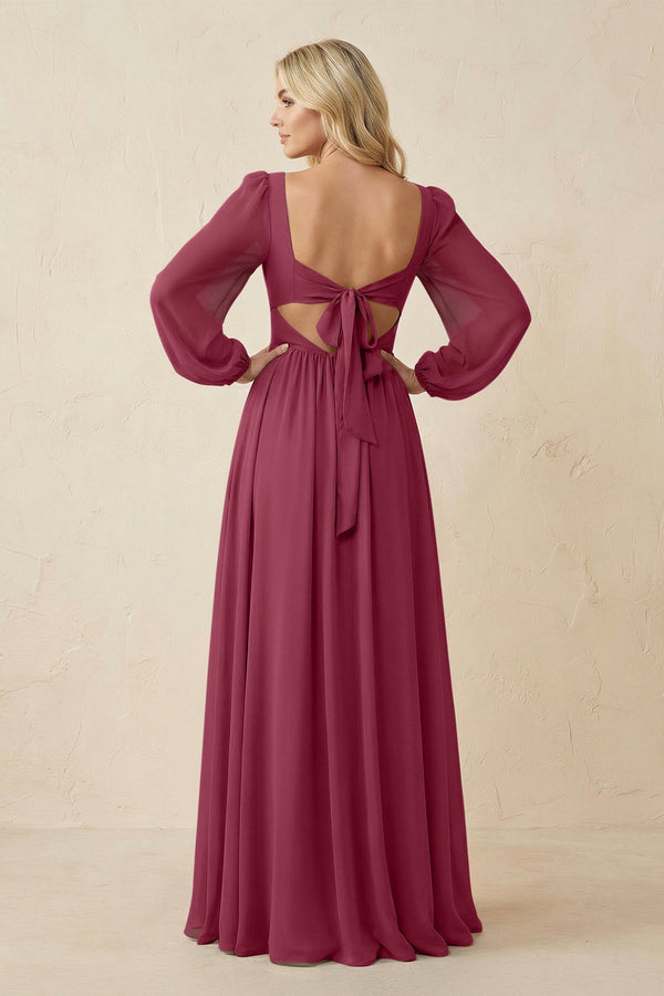 Long Sleeve V - Neck A - Line Chiffon Bridesmaid Dress in Desert Rose - KissProm Bridesmaid Dresses