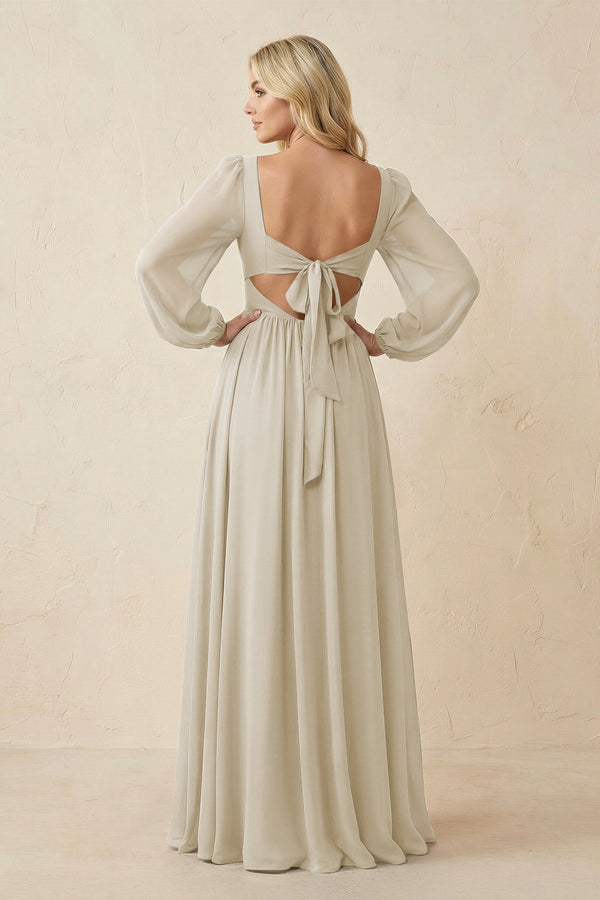 Long Sleeve V - Neck A - Line Chiffon Bridesmaid Dress in Dove Gray - KissProm Bridesmaid Dresses