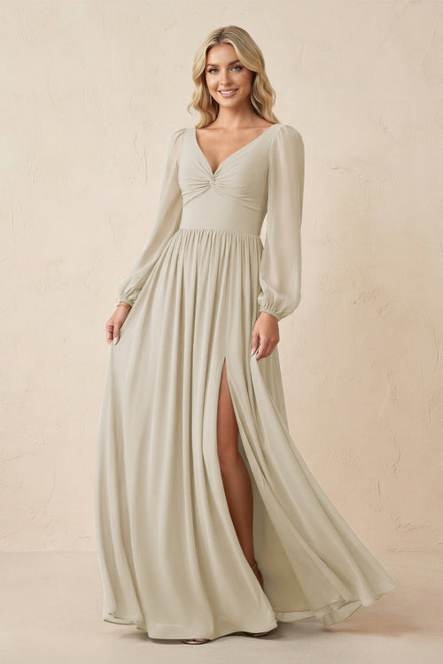 Long Sleeve V - Neck A - Line Chiffon Bridesmaid Dress in Dove Gray - KissProm Bridesmaid Dresses