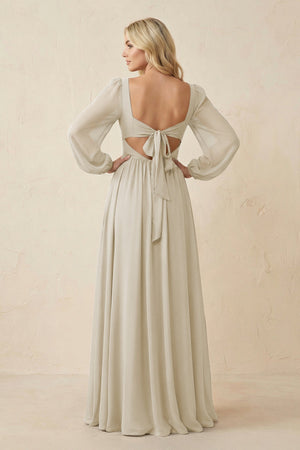 Long Sleeve V - Neck A - Line Chiffon Bridesmaid Dress in Dove Gray - KissProm Bridesmaid Dresses