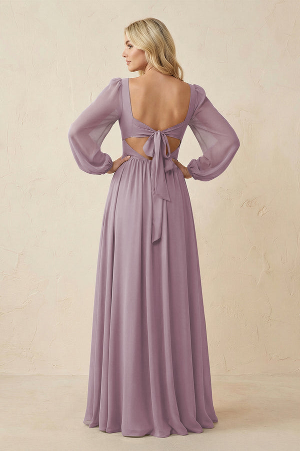 Long Sleeve V - Neck A - Line Chiffon Bridesmaid Dress in Dusk - KissProm Bridesmaid Dresses