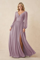 Long Sleeve V - Neck A - Line Chiffon Bridesmaid Dress in Dusk - KissProm Bridesmaid Dresses