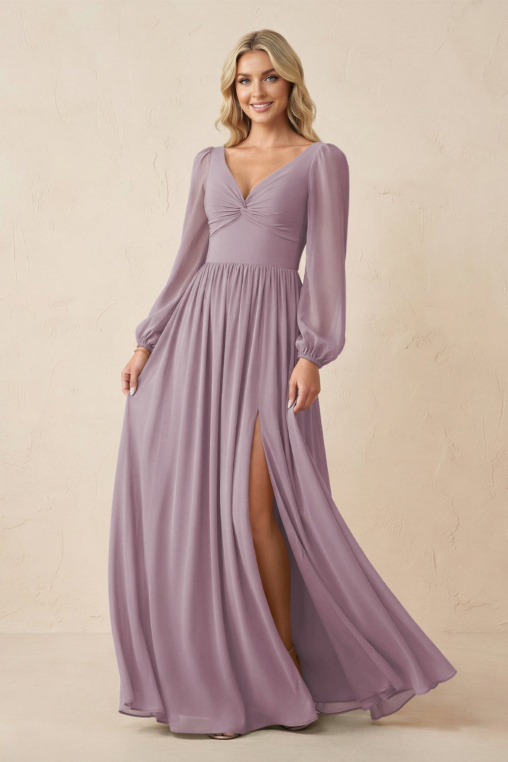Long Sleeve V - Neck A - Line Chiffon Bridesmaid Dress in Dusk - KissProm Bridesmaid Dresses