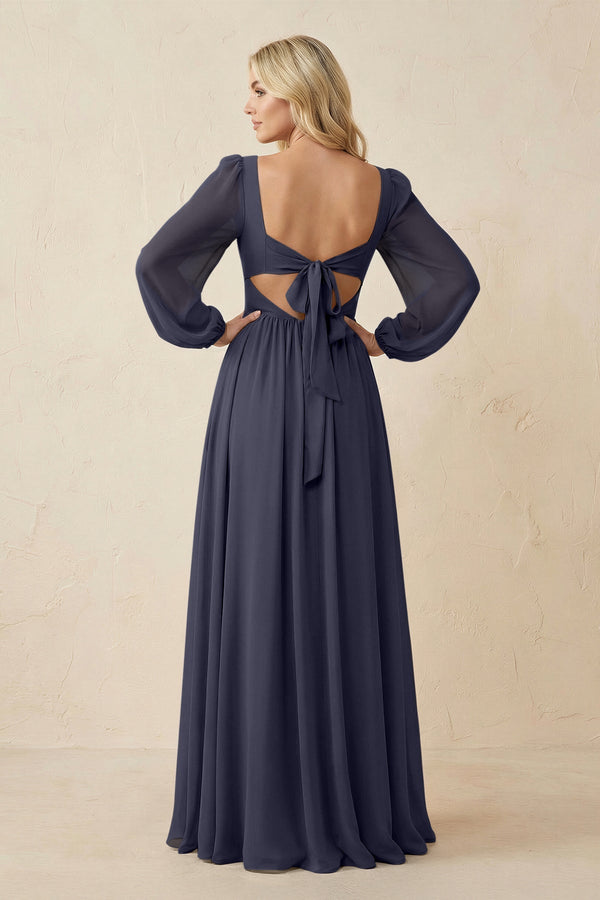 Long Sleeve V - Neck A - Line Chiffon Bridesmaid Dress in Dusk Blue - KissProm Bridesmaid Dresses