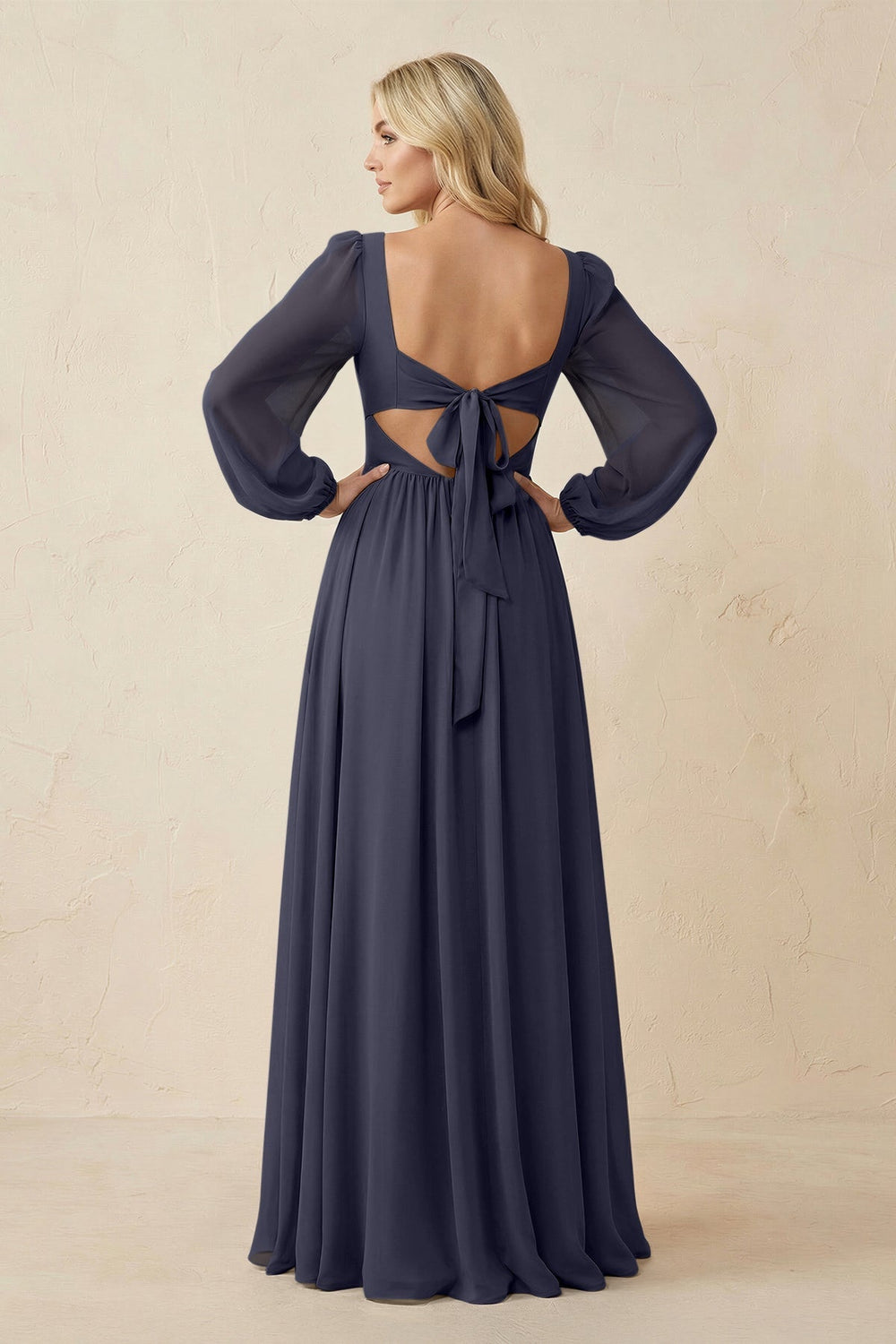 Long Sleeve V - Neck A - Line Chiffon Bridesmaid Dress in Dusk Blue - KissProm Bridesmaid Dresses