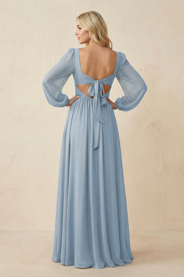 Long Sleeve V - Neck A - Line Chiffon Bridesmaid Dress in Dusty Blue - KissProm Bridesmaid Dresses