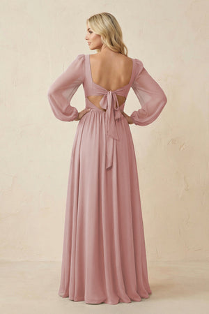 Long Sleeve V - Neck A - Line Chiffon Bridesmaid Dress in Dusty Rose - KissProm Bridesmaid Dresses