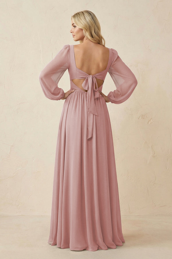 Long Sleeve V - Neck A - Line Chiffon Bridesmaid Dress in Dusty Rose - KissProm Bridesmaid Dresses