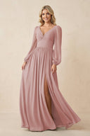 Long Sleeve V - Neck A - Line Chiffon Bridesmaid Dress in Dusty Rose - KissProm Bridesmaid Dresses