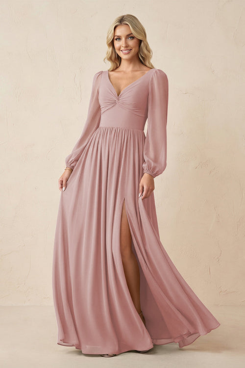 Long Sleeve V - Neck A - Line Chiffon Bridesmaid Dress in Dusty Rose - KissProm Bridesmaid Dresses