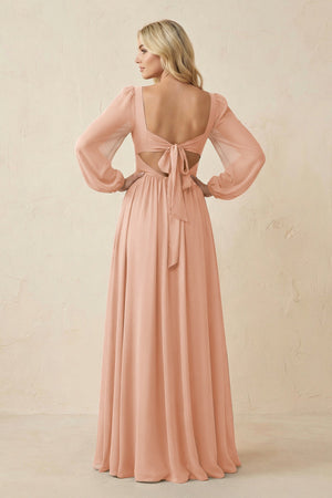 Long Sleeve V - Neck A - Line Chiffon Bridesmaid Dress in English Rose - KissProm Bridesmaid Dresses