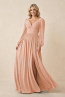 Long Sleeve V - Neck A - Line Chiffon Bridesmaid Dress in English Rose - KissProm Bridesmaid Dresses