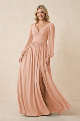 Long Sleeve V - Neck A - Line Chiffon Bridesmaid Dress in English Rose - KissProm Bridesmaid Dresses