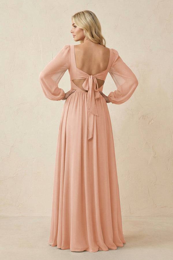 Long Sleeve V - Neck A - Line Chiffon Bridesmaid Dress in English Rose - KissProm Bridesmaid Dresses