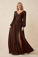 Long Sleeve V - Neck A - Line Chiffon Bridesmaid Dress in Espresso - KissProm Bridesmaid Dresses