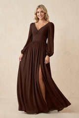 Long Sleeve V - Neck A - Line Chiffon Bridesmaid Dress in Espresso - KissProm Bridesmaid Dresses