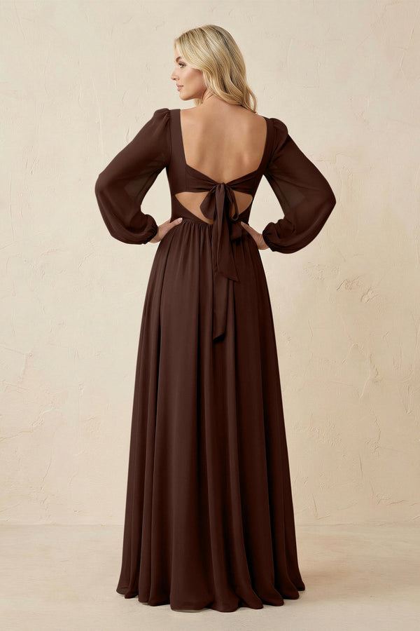 Long Sleeve V - Neck A - Line Chiffon Bridesmaid Dress in Espresso - KissProm Bridesmaid Dresses
