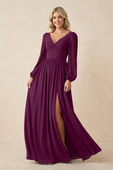 Long Sleeve V - Neck A - Line Chiffon Bridesmaid Dress in Fig - KissProm Bridesmaid Dresses