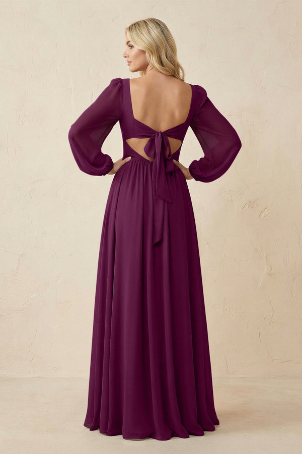 Long Sleeve V - Neck A - Line Chiffon Bridesmaid Dress in Fig - KissProm Bridesmaid Dresses